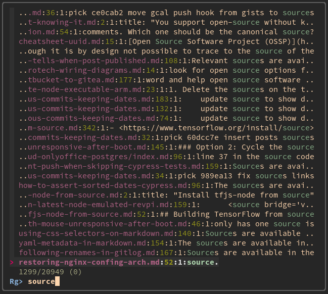 Screenshot showing fzf.vim with ripgrep focusing on an actual search term contained within files