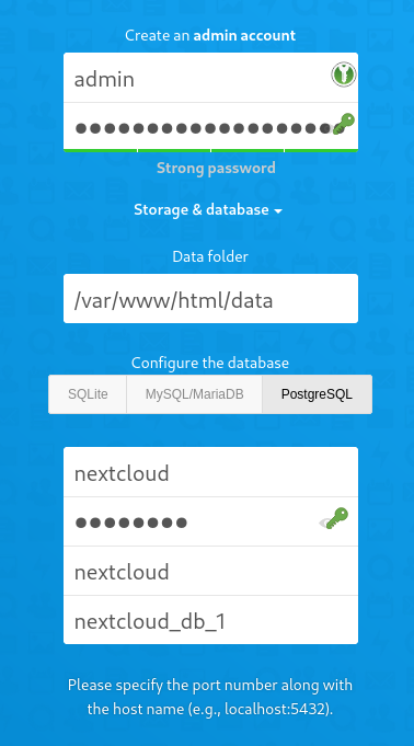 A Nextcloud first login interface with the option to choose a database t obe used.
