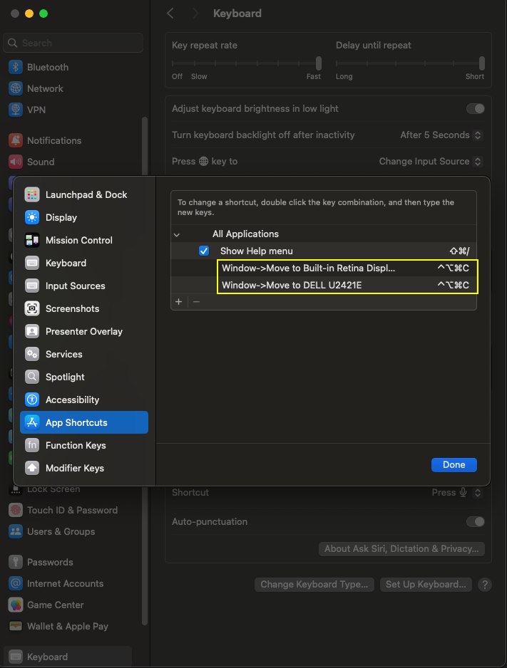 Mac OS Keyboard Settings for moving window to a monitor and back with a single shortcut