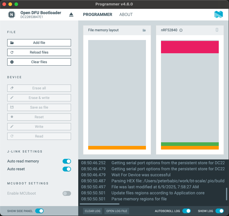 nRF Connect for Desktop GUI Programmer interface with Write button grayed out