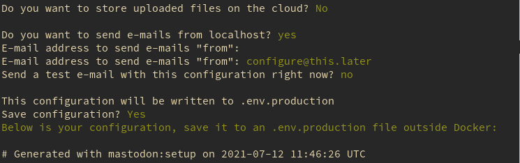 Store uploaded files in cloud: No, Send e-mails from localhost: Yes, Send e-mail "from": Enter, Send a test email now: No, Save configuration: Yes