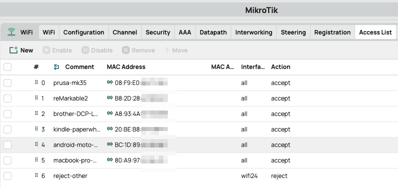 Mikrotik Wi-Fi Access List seen in WebFig with reject rule at the bottom